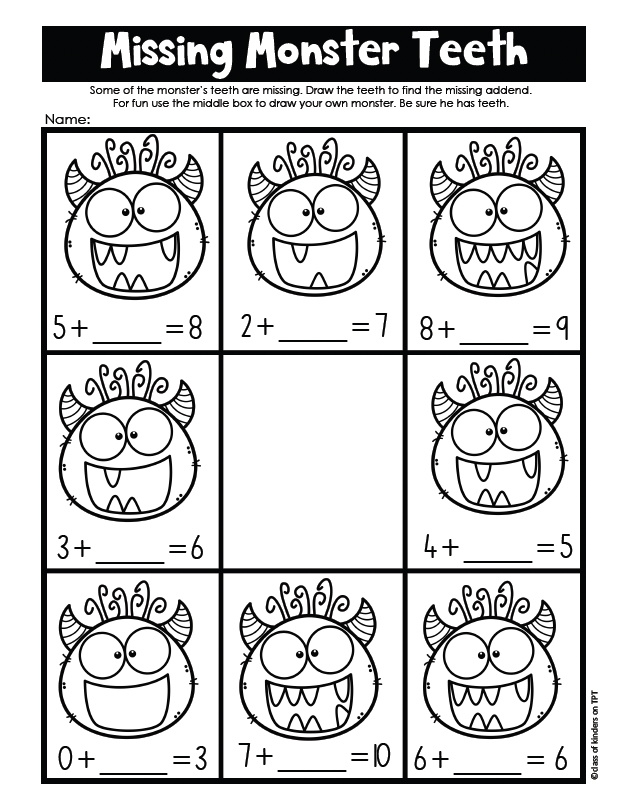 Toothy Monster Math: Addition, Missing Addend, Plus One, Comparing - First Grade
