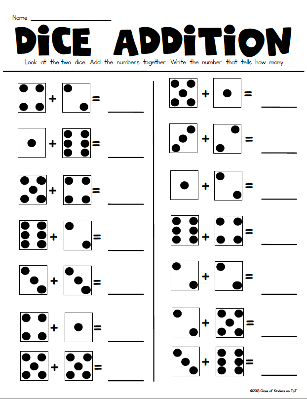 Dice Addition Math Game Partner Kindergarten & First