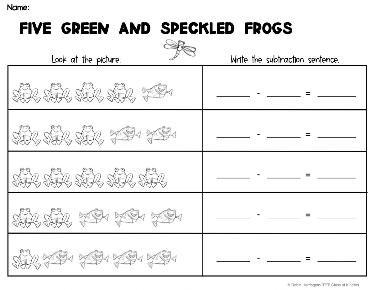 5 Green Speckled Frogs Subtraction Math Numbers Story Board Decomposing 5