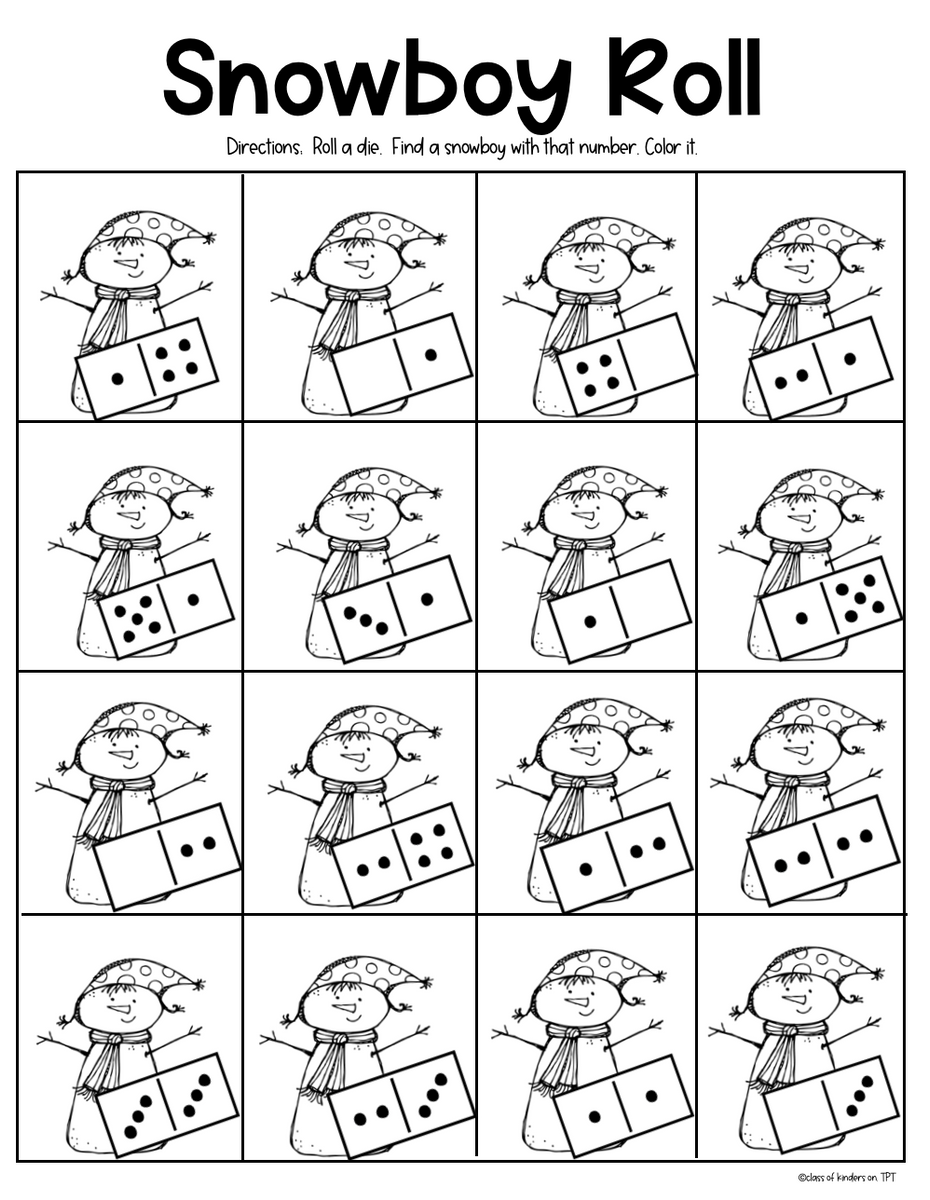 Snowman Roll January Math Games - Dominoes, Tallies, 10 Frames & More!