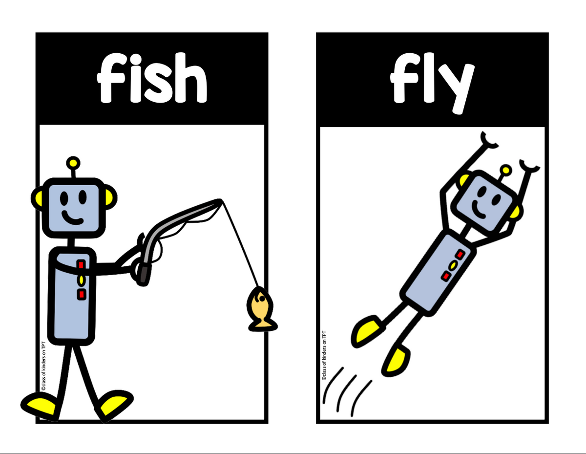 Verb & Action Words Robot Posters for Kindergarten & First ELA