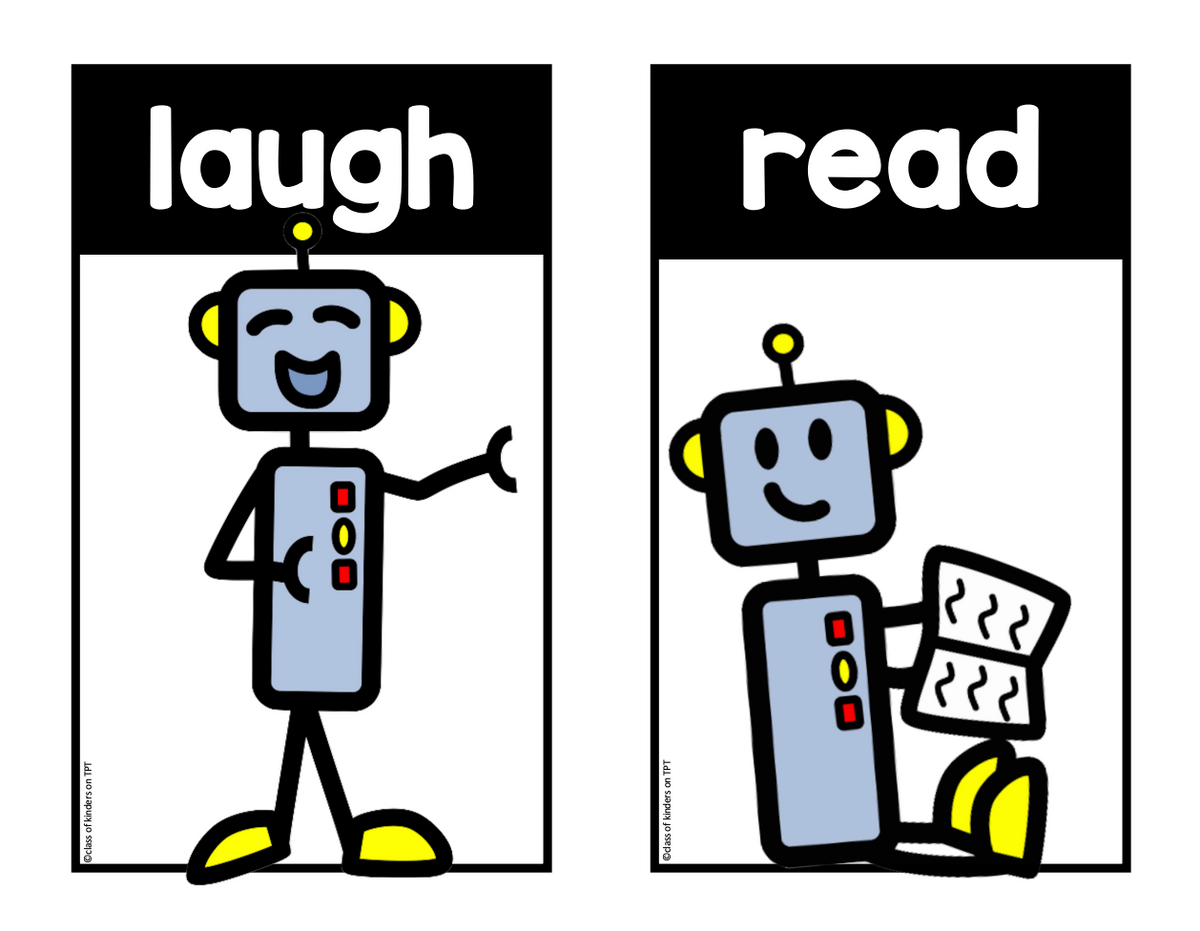 Verb & Action Words Robot Posters for Kindergarten & First ELA